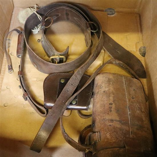 A Great War field compass and a pair of binoculars, together with a Sam Browne and an Air Ministry stop watch